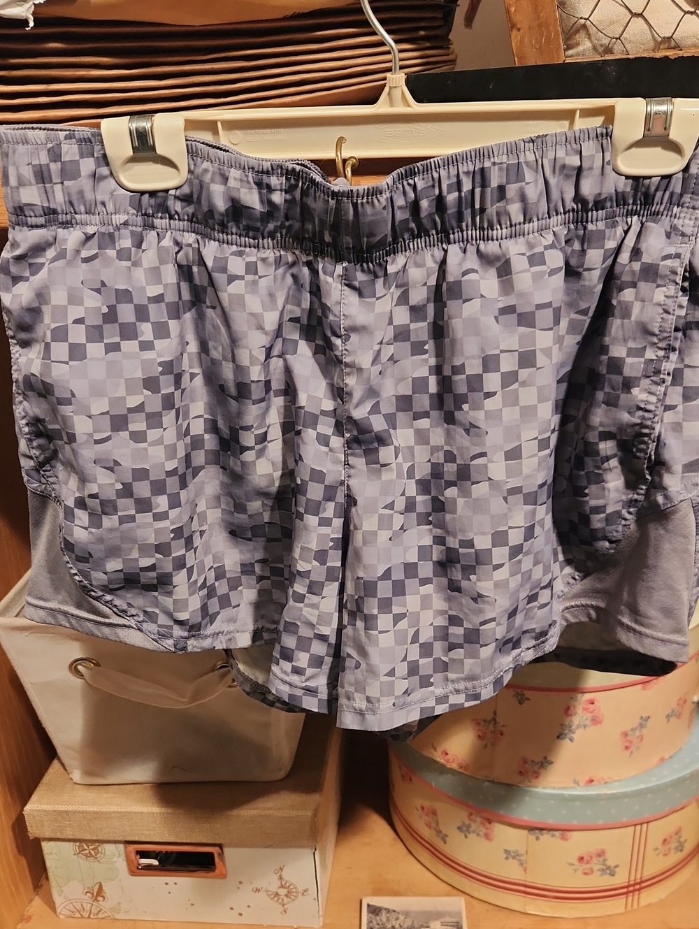 Light Grey And Black Checkered Athletic Shorts
